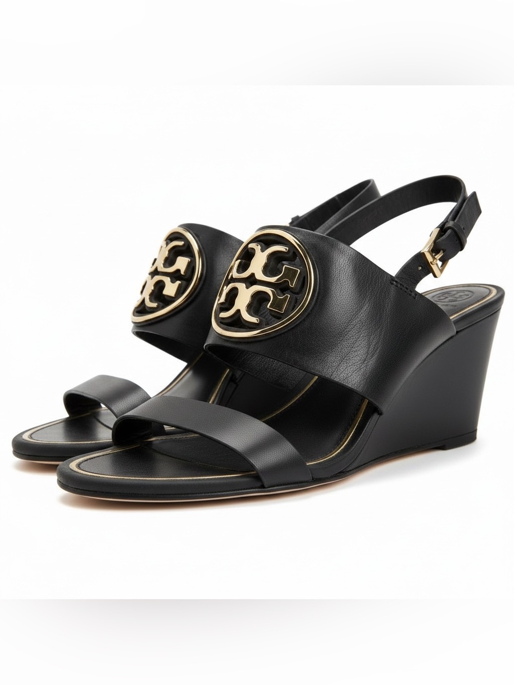 Tory Burch Miller Metal black 65mm heeled sandal sz 10 gold metal logo